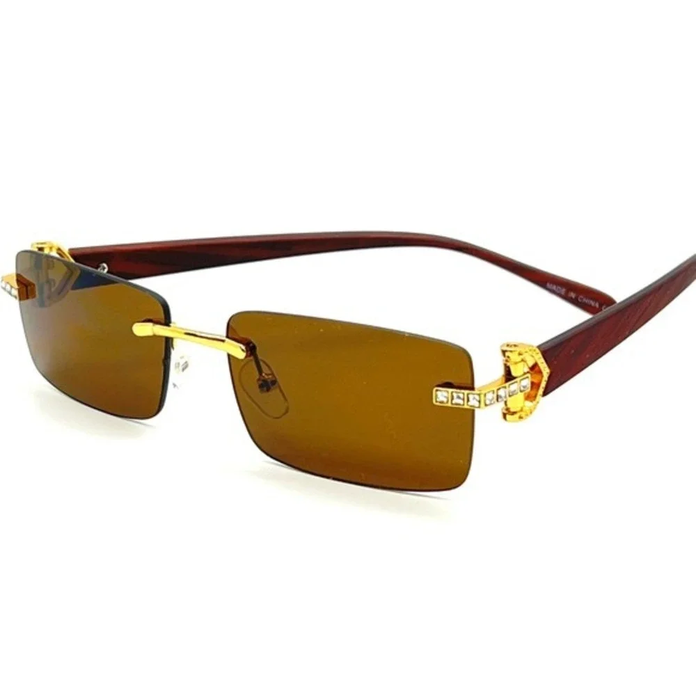Rhinestone Sunglasses Rimless Rectangle Brown Lens Marble Fashion Shades Men New